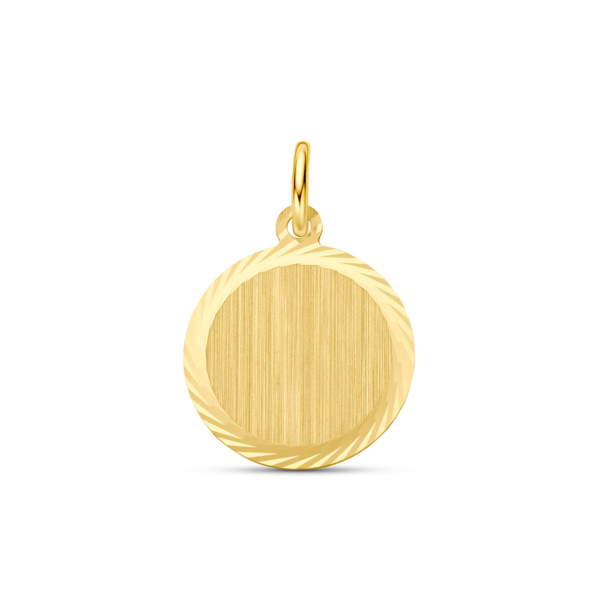 Vooraanzicht van de gouden ronde graveerhanger van 14 karaat van 14 mm.