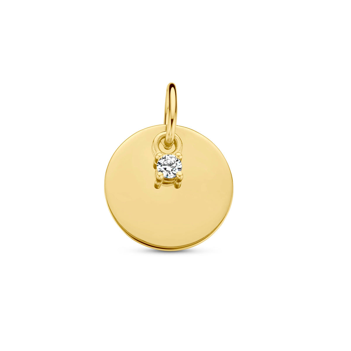 Vooraanzicht van de gouden ronde graveerhanger met diamant van 14 karaat in de maat 10 mm.
