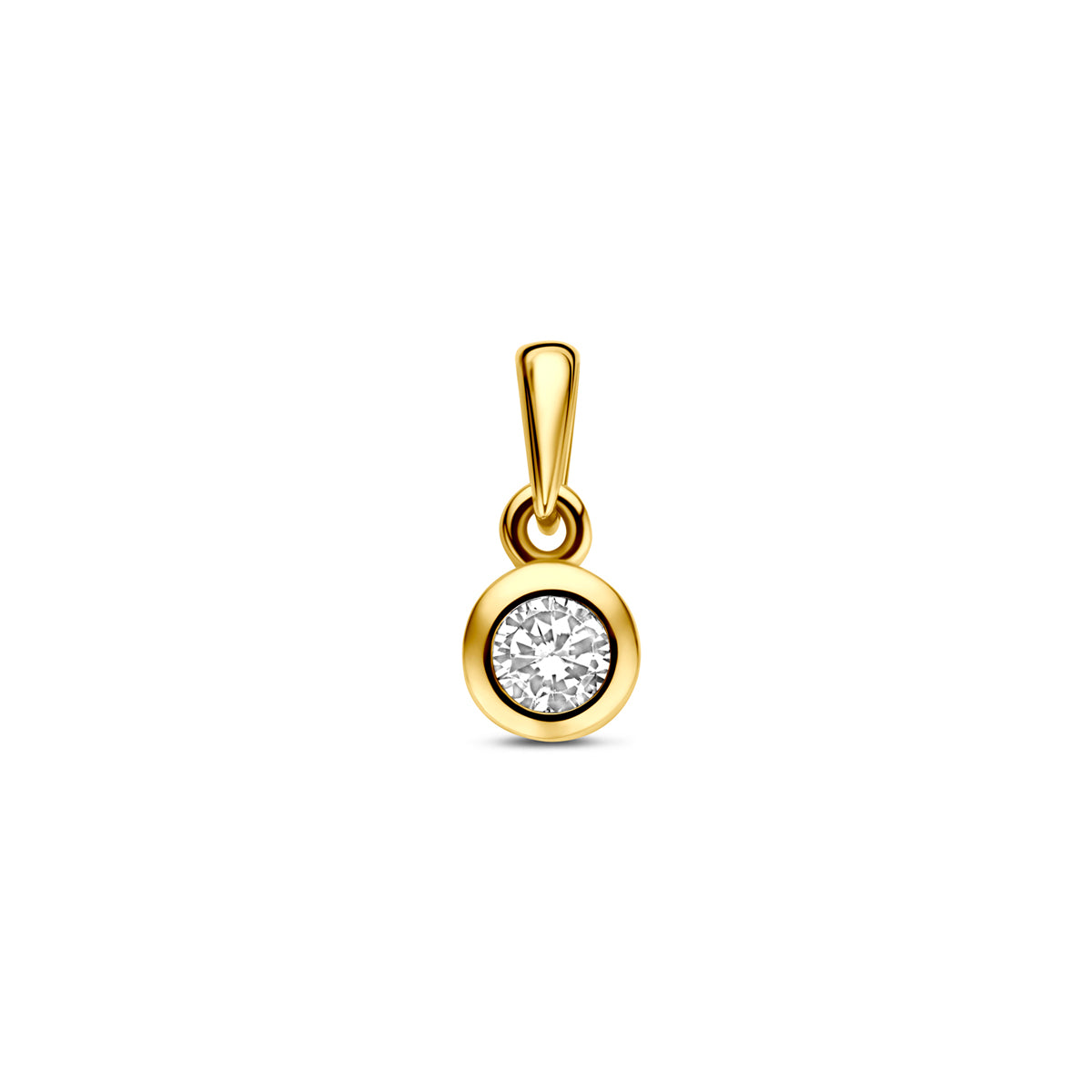 Vooraanzicht van de gouden ronde hanger met zirkonia van 14 karaat.