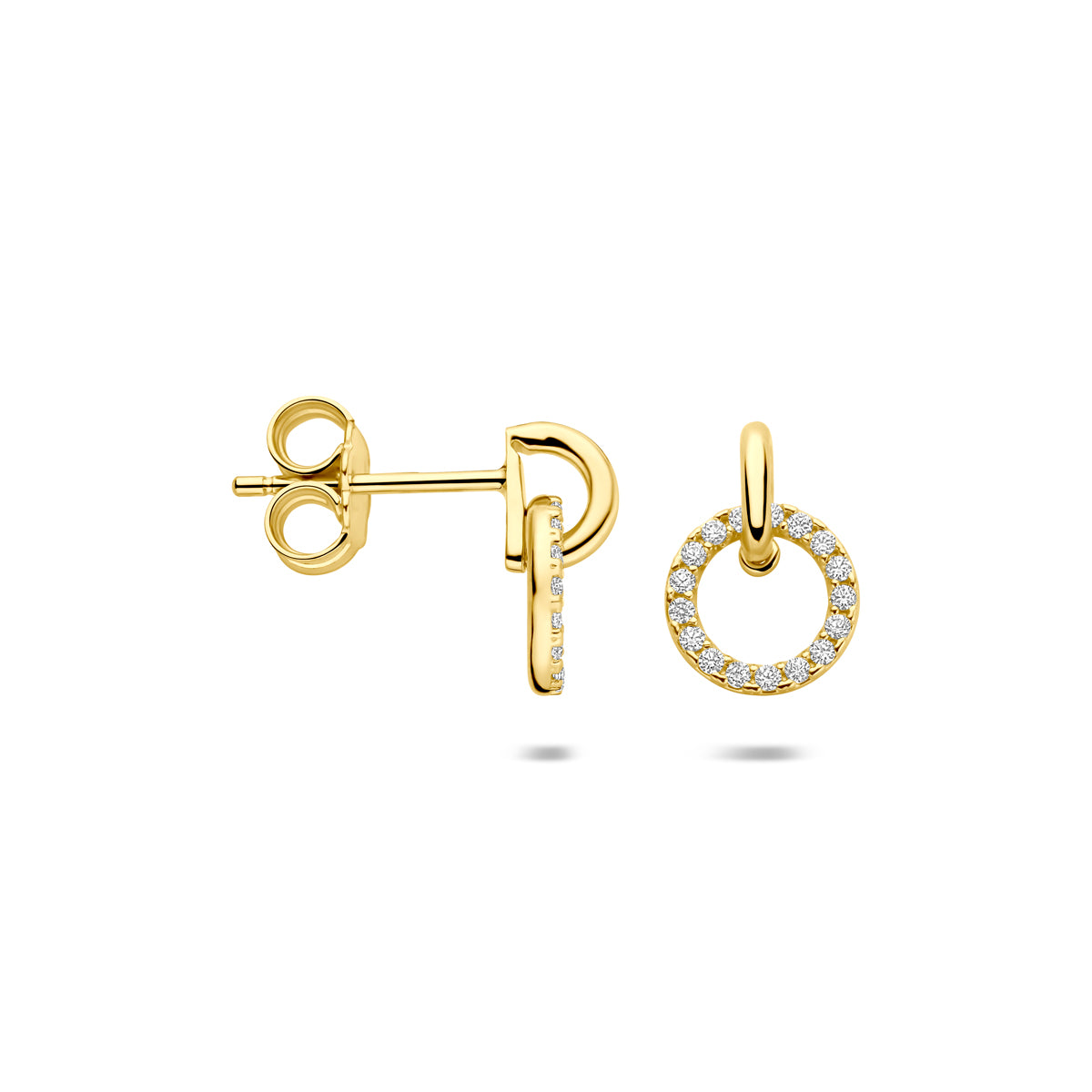 Voor- en zijaanzicht van de gouden ronde oorhangers met zirkonia van 14 karaat.