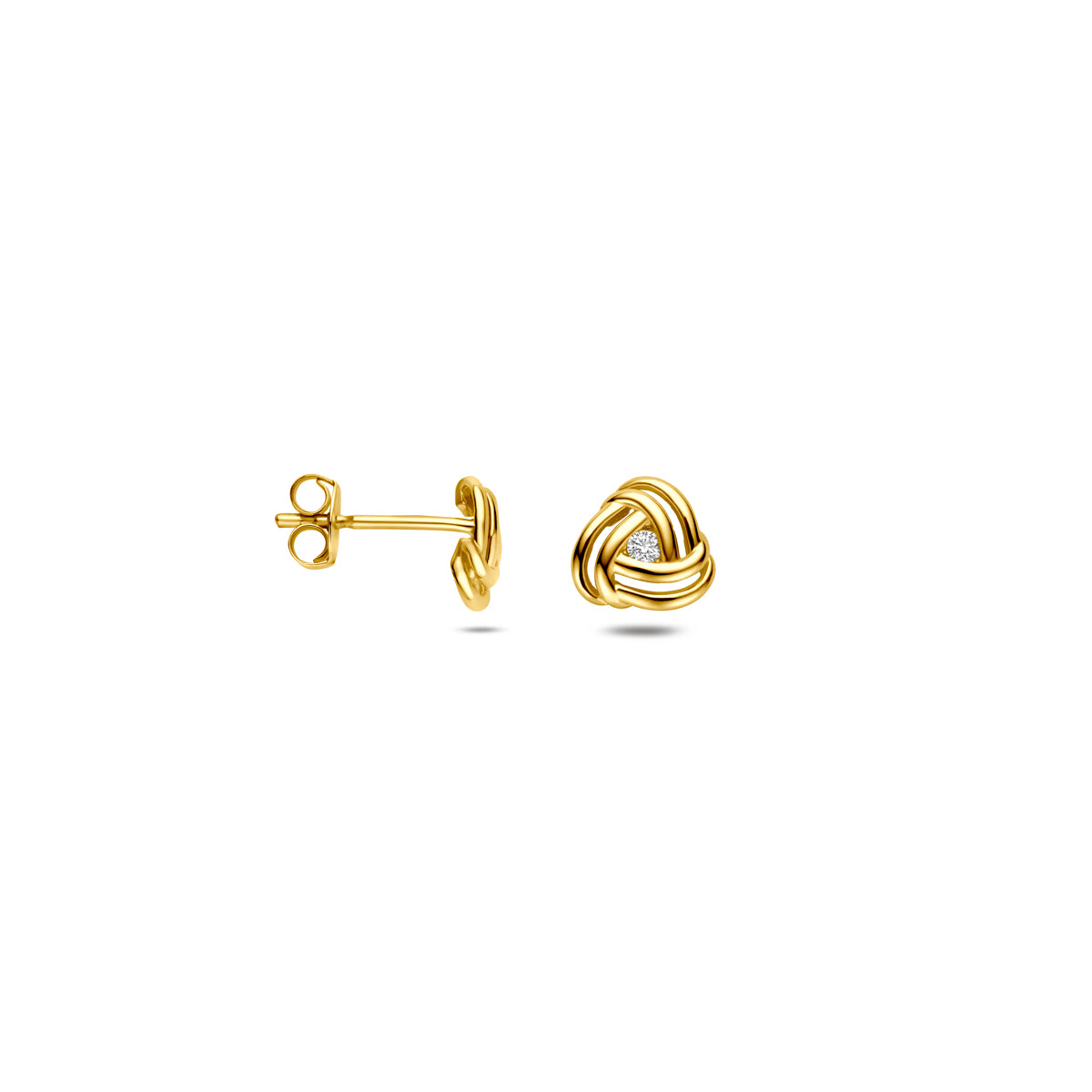 Voor- en zijaanzicht van de gouden ronde oorknopjes met zirkonia van 14 karaat.