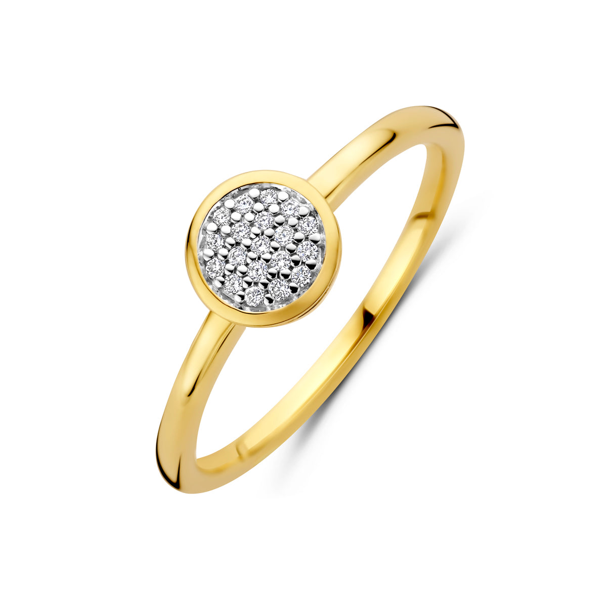 Schuin bovenaanzicht van de gouden ronde pavé ring met diamant van 14 karaat.