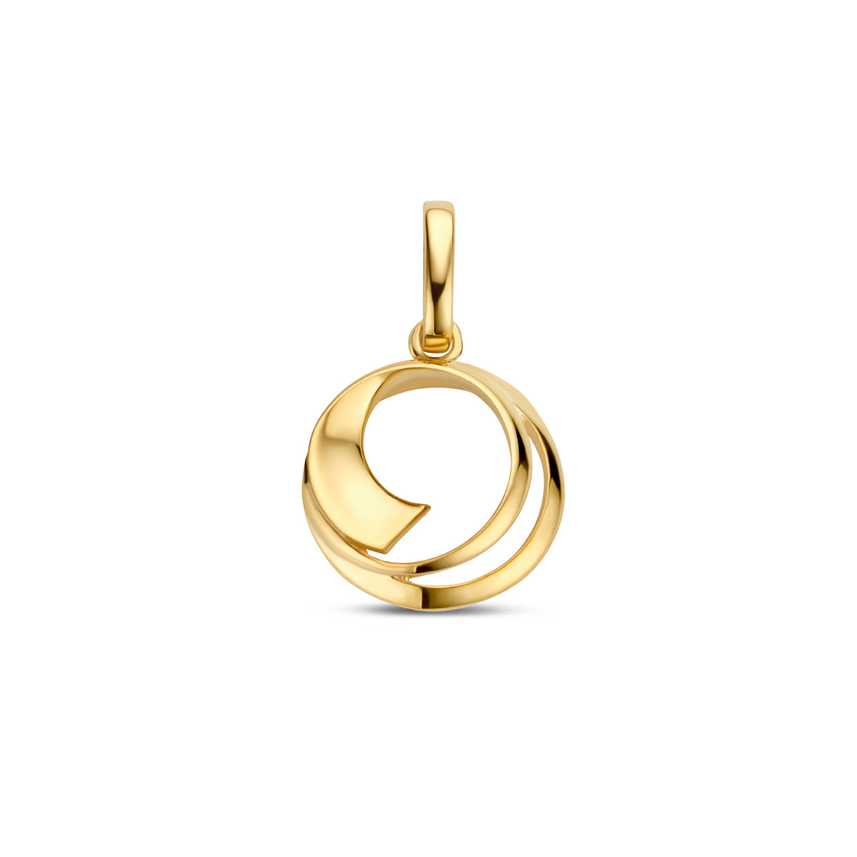 Vooraanzicht van de gouden rondje hanger van 14 karaat.