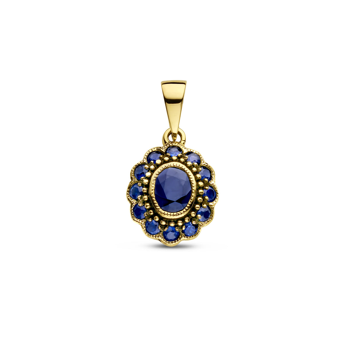 Vooraanzicht van de gouden hanger met saffier van 14 karaat.