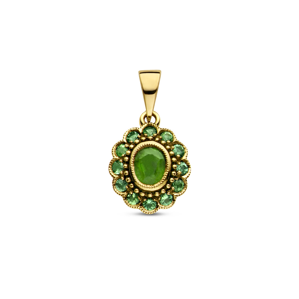 Vooraanzicht van de gouden hanger met smaragd van 14 karaat.