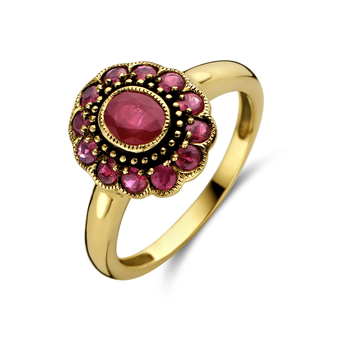 Schuin bovenaanzicht van de gouden ring met robijn van 14 karaat.