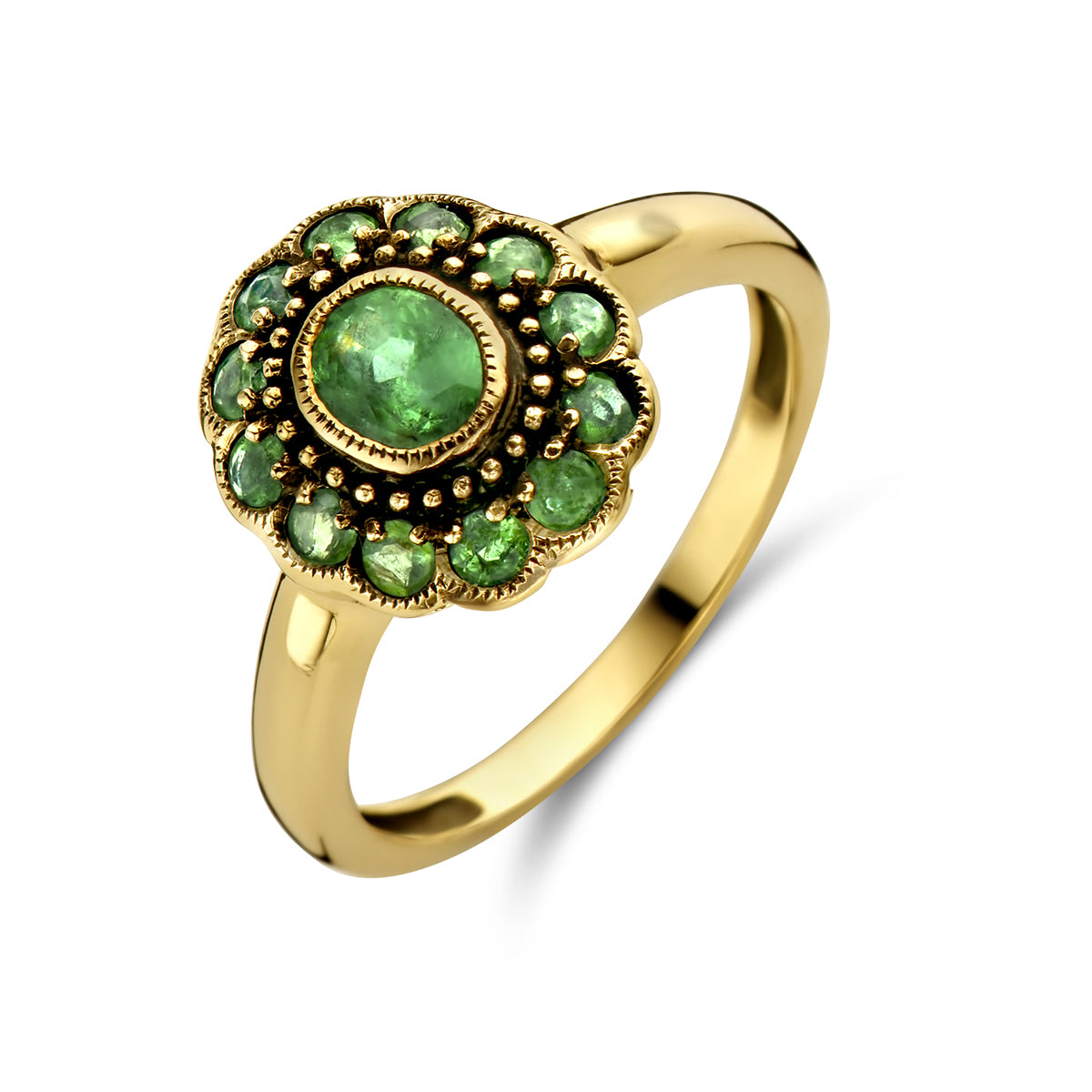 Schuin bovenaanzicht van de gouden ring met smaragd van 14 karaat.