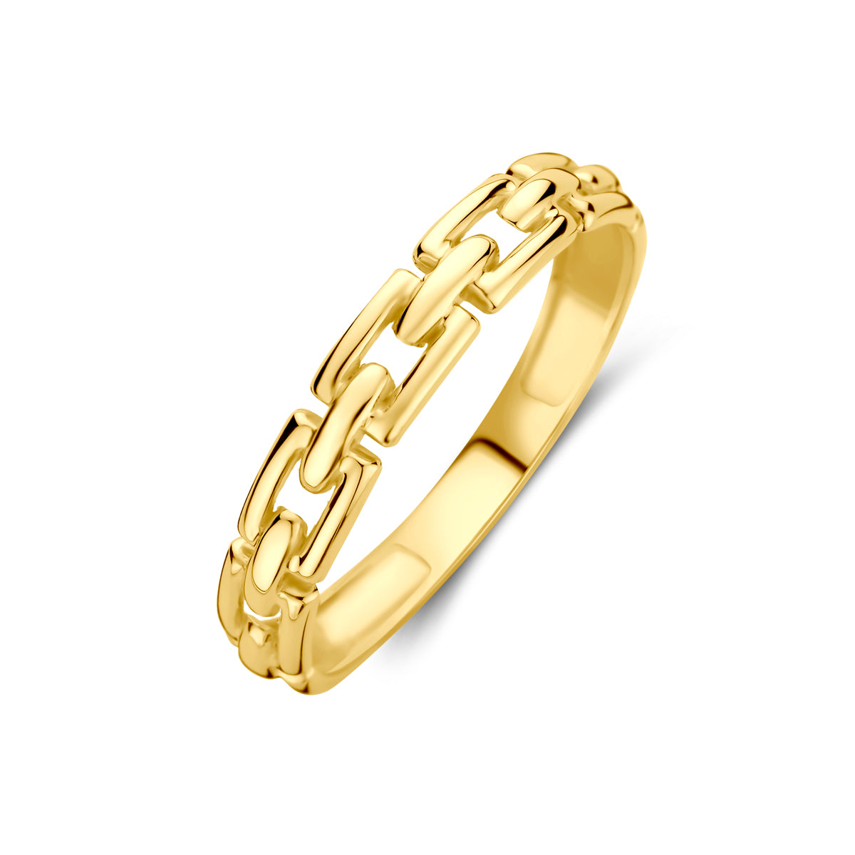 Schuin bovenaanzicht van de gouden schakel ring van 14 karaat.