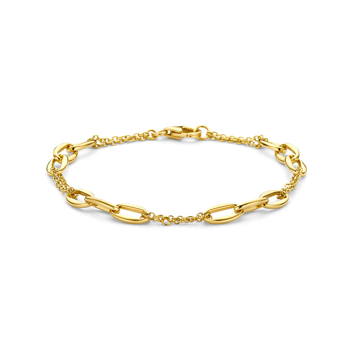 Vooraanzicht van de gouden schakelarmband van 14 karaat.