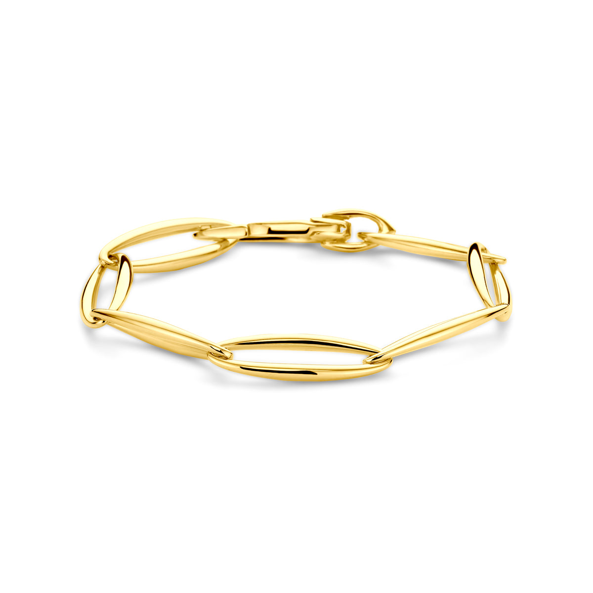 Vooraanzicht van de gouden schakelarmband van 14 karaat.