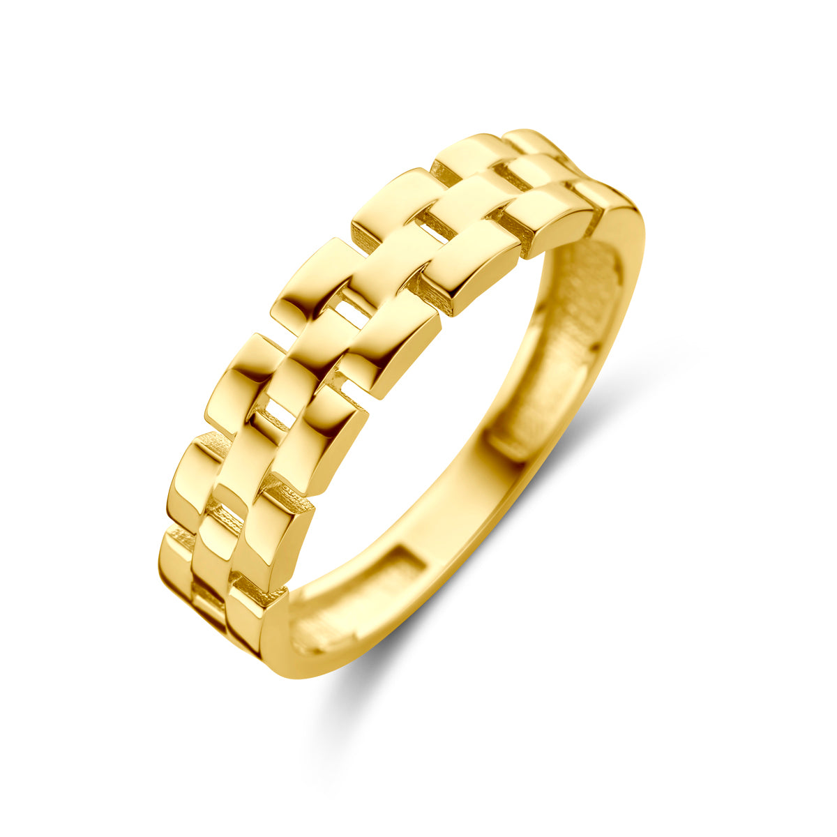 Schuin bovenaanzicht van de gouden schakelring van 14 karaat.