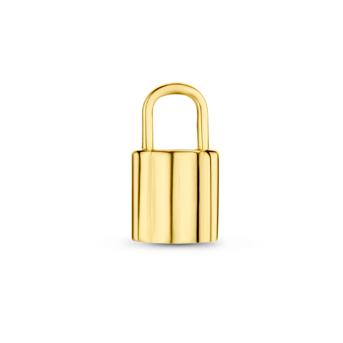 Vooraanzicht van de gouden slotje hanger van 14 karaat.