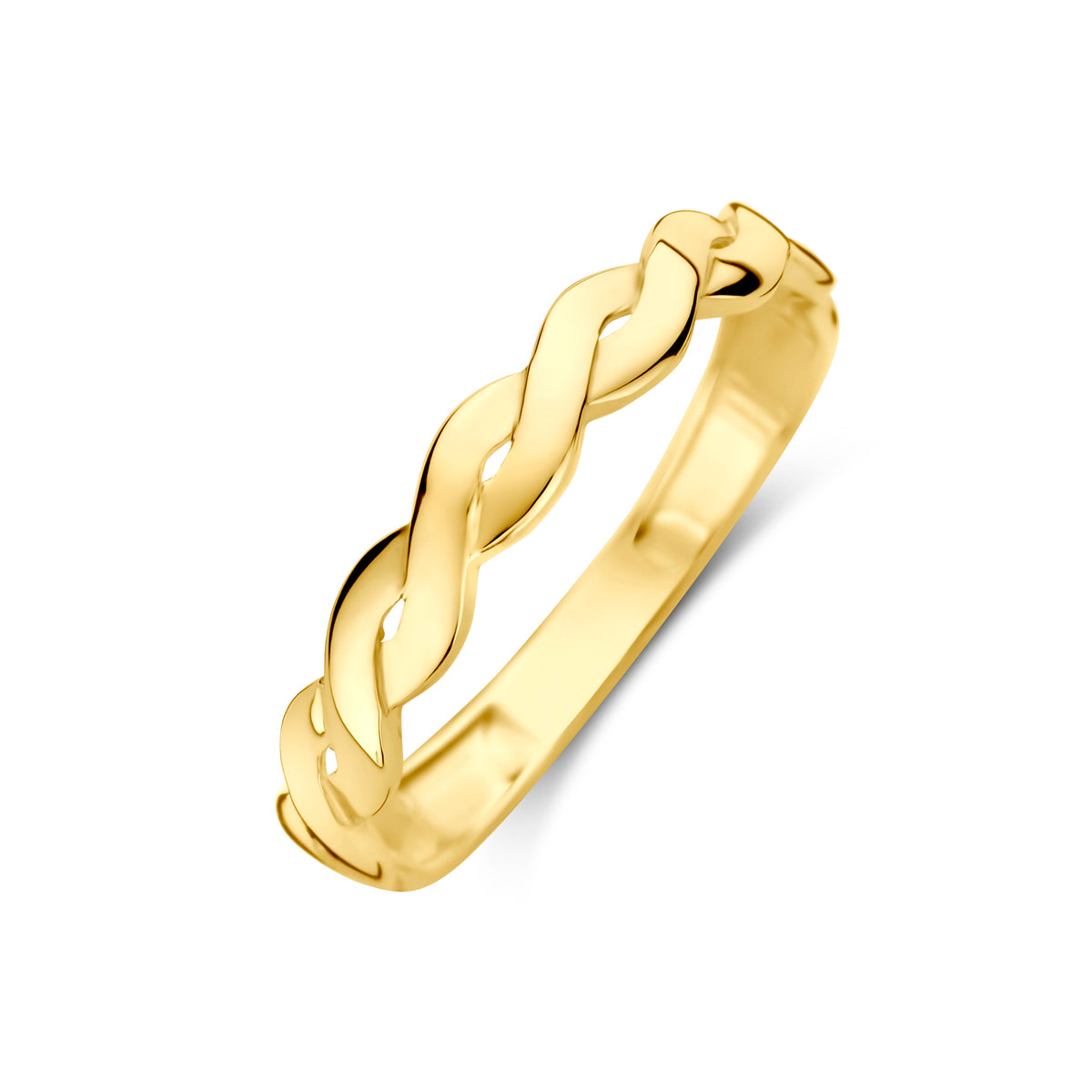 Schuin bovenaanzicht van de gouden gedraaide ring van 14 karaat.