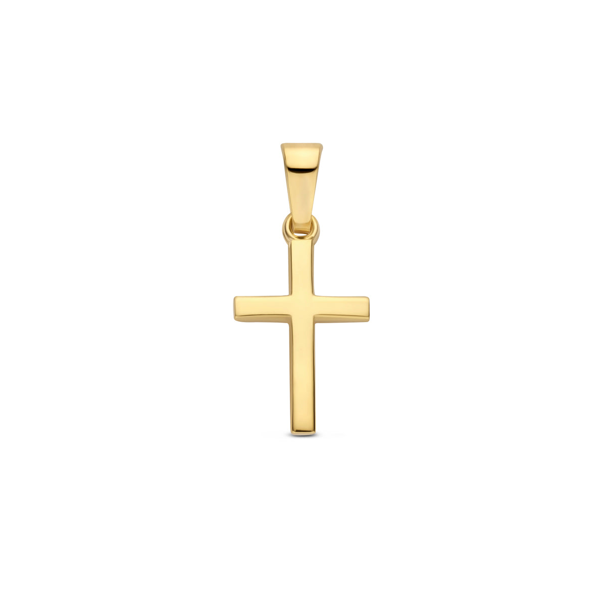 Vooraanzicht van de gouden kruis hanger van 14 karaat.