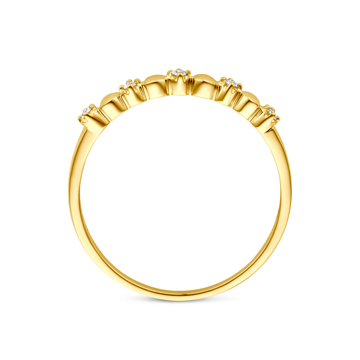 Zijaanzicht van de gouden ring met diamant van 14 karaat.