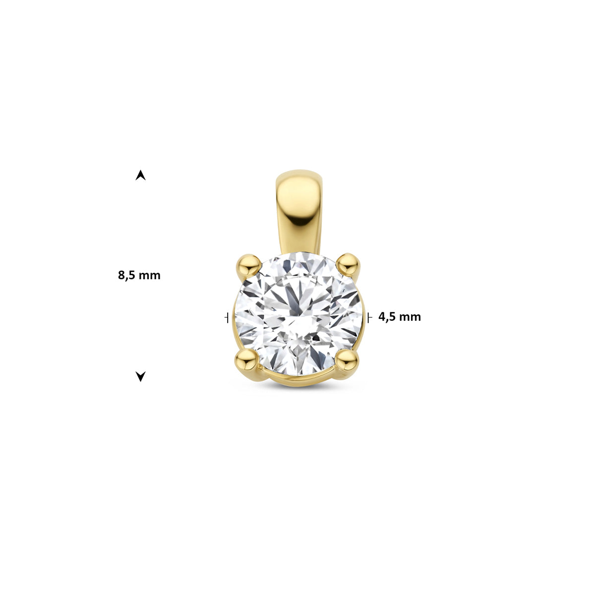 Afmetingen van de gouden hanger met lab grown diamant van 14 karaat: 8,5 mm hoog inclusief oog, steen van 4,5 mm, 0,25 ct.