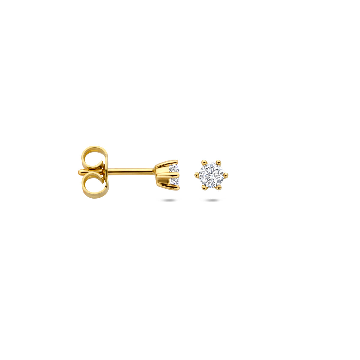 Voor- en zijaanzicht van de gouden oorknopjes met lab grown diamant van 14 karaat.