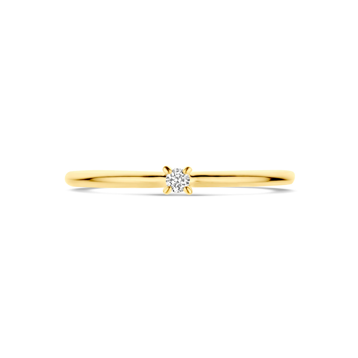 Bovenaanzicht van de gouden solitair ring met diamant van 14 karaat, 0,03 ct.