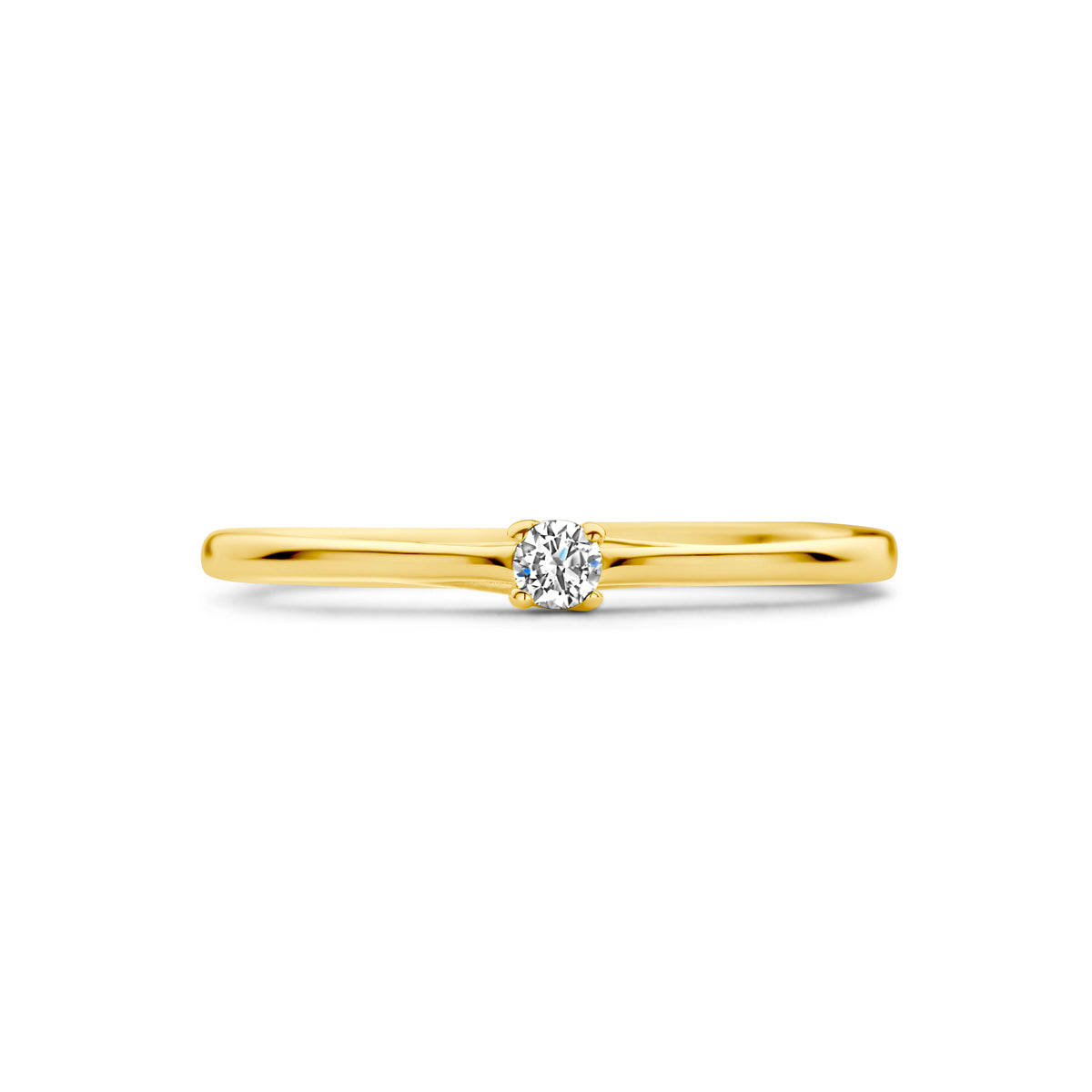 Bovenaanzicht van de gouden solitair ring met diamant van 14 karaat, 0,05 ct.