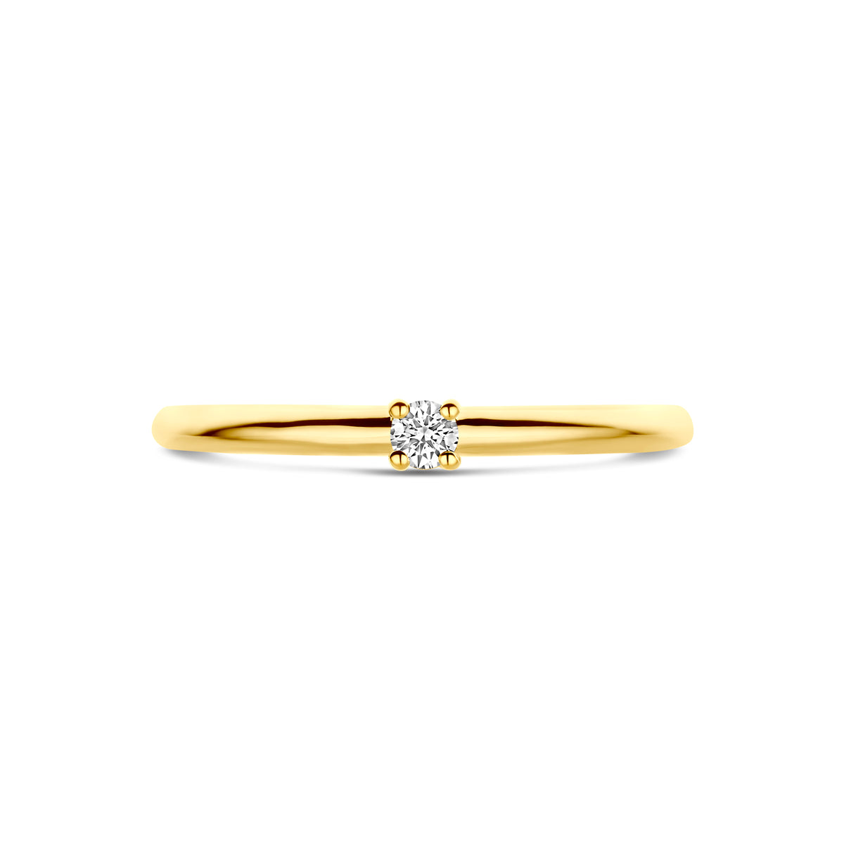 Bovenaanzicht van de gouden solitair ring met diamant van 14 karaat, 0,05 ct.