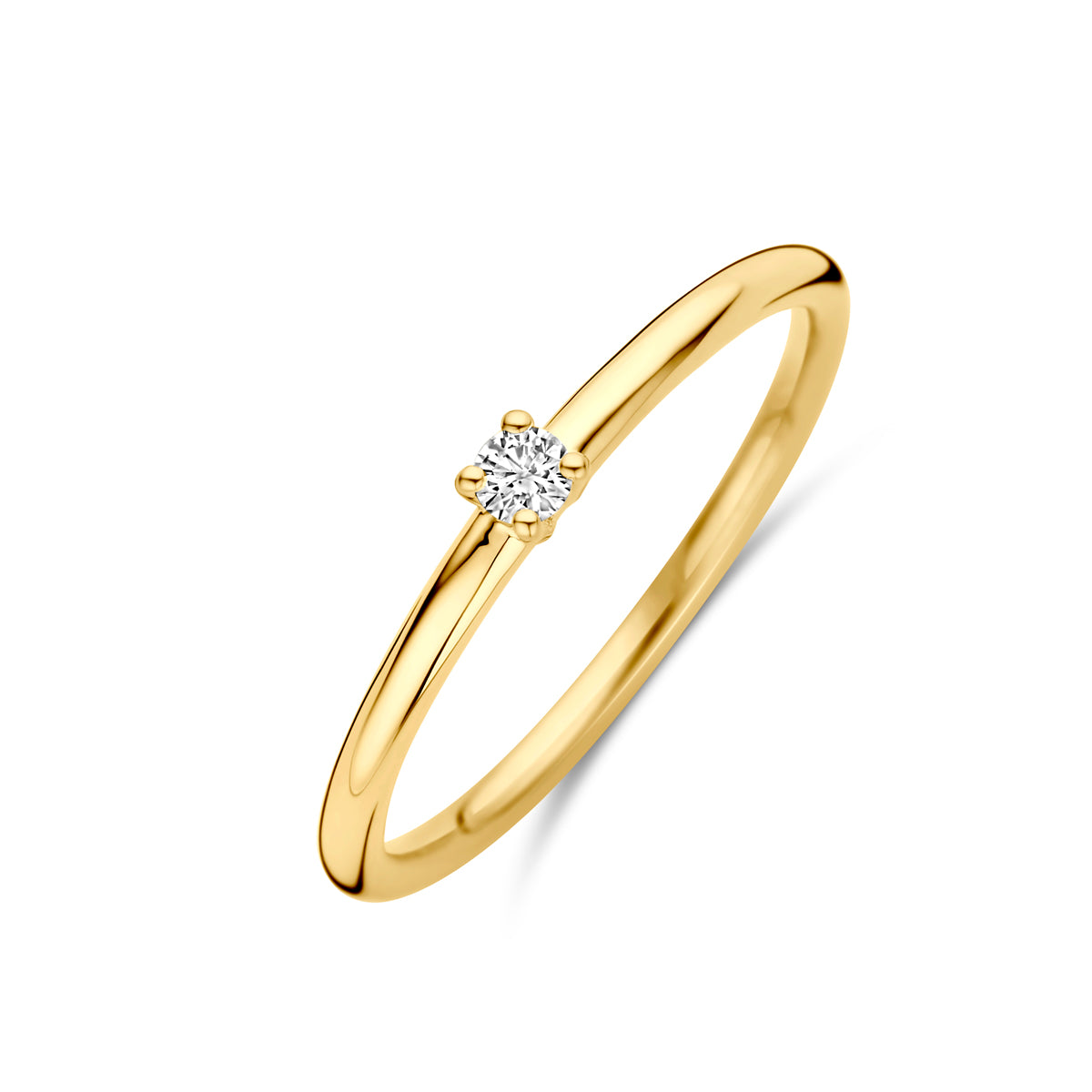 Schuin bovenaanzicht van de gouden solitair ring met diamant van 14 karaat.