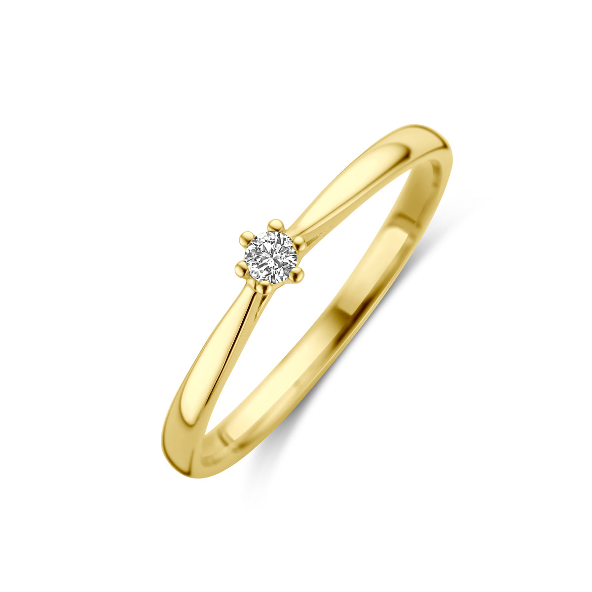 Schuin bovenaanzicht van de gouden solitair ring met diamant van 14 karaat.