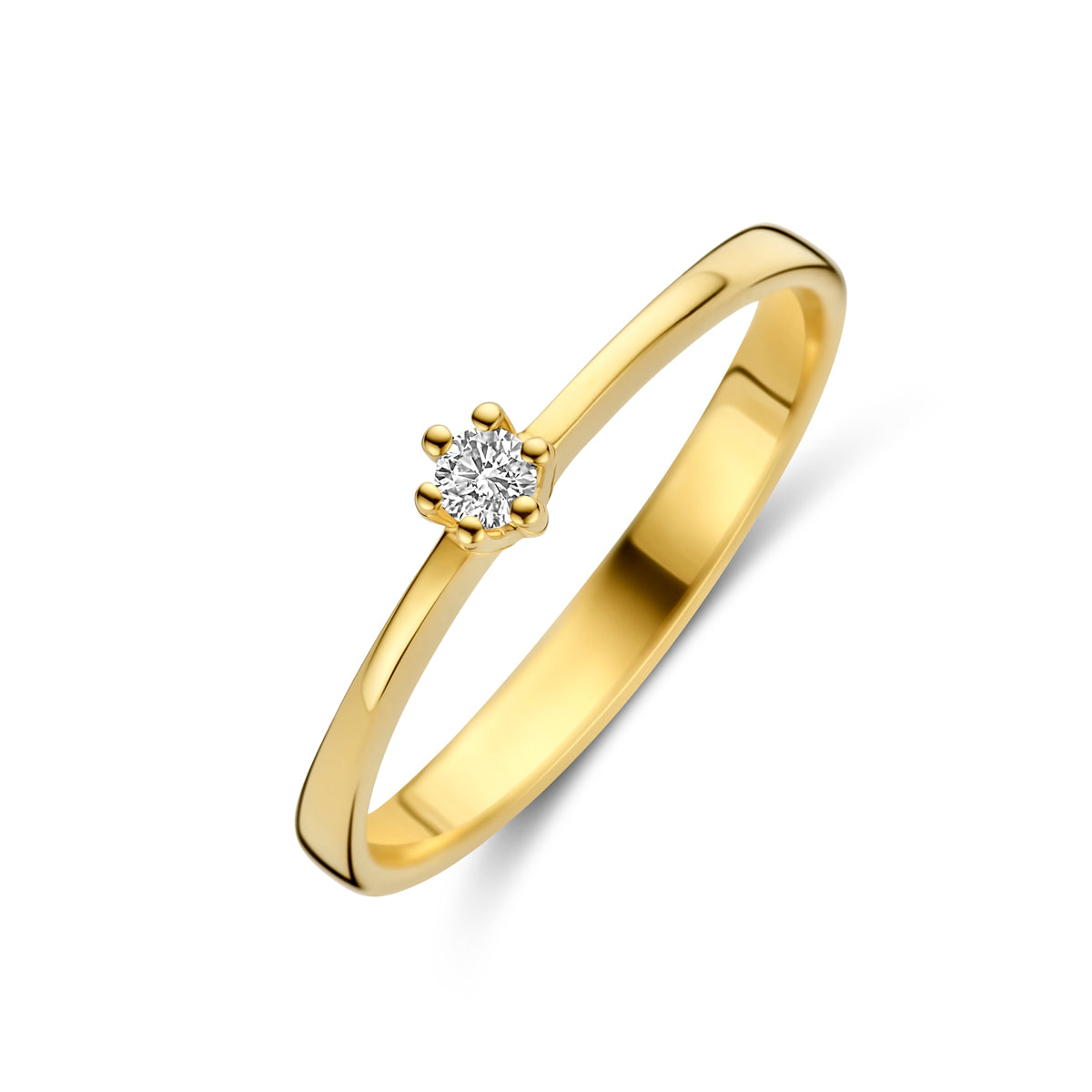 Schuin bovenaanzicht van de gouden solitair ring met diamant van 14 karaat.
