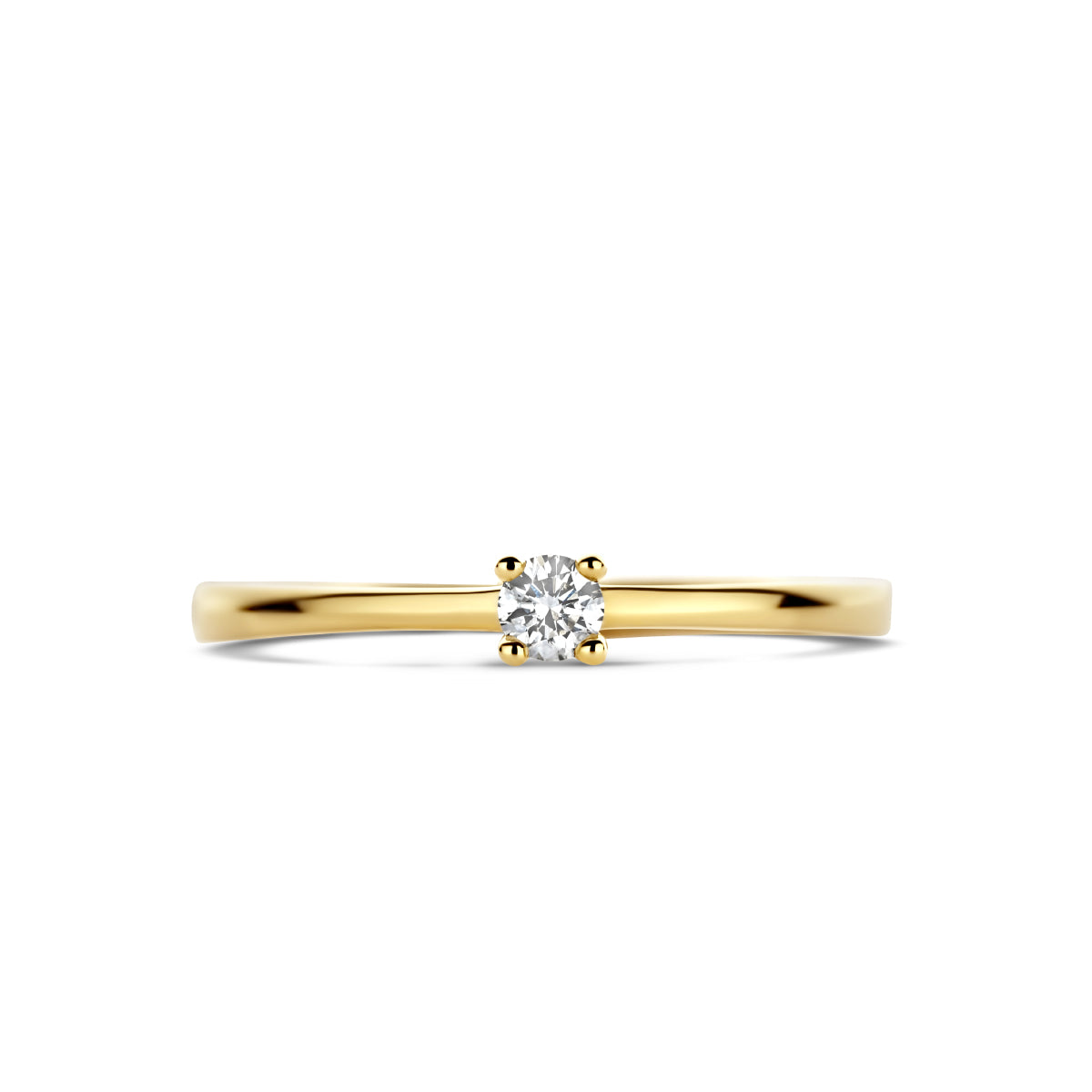 Bovenaanzicht van de gouden solitair ring met diamant van 14 karaat, 0,10 ct.