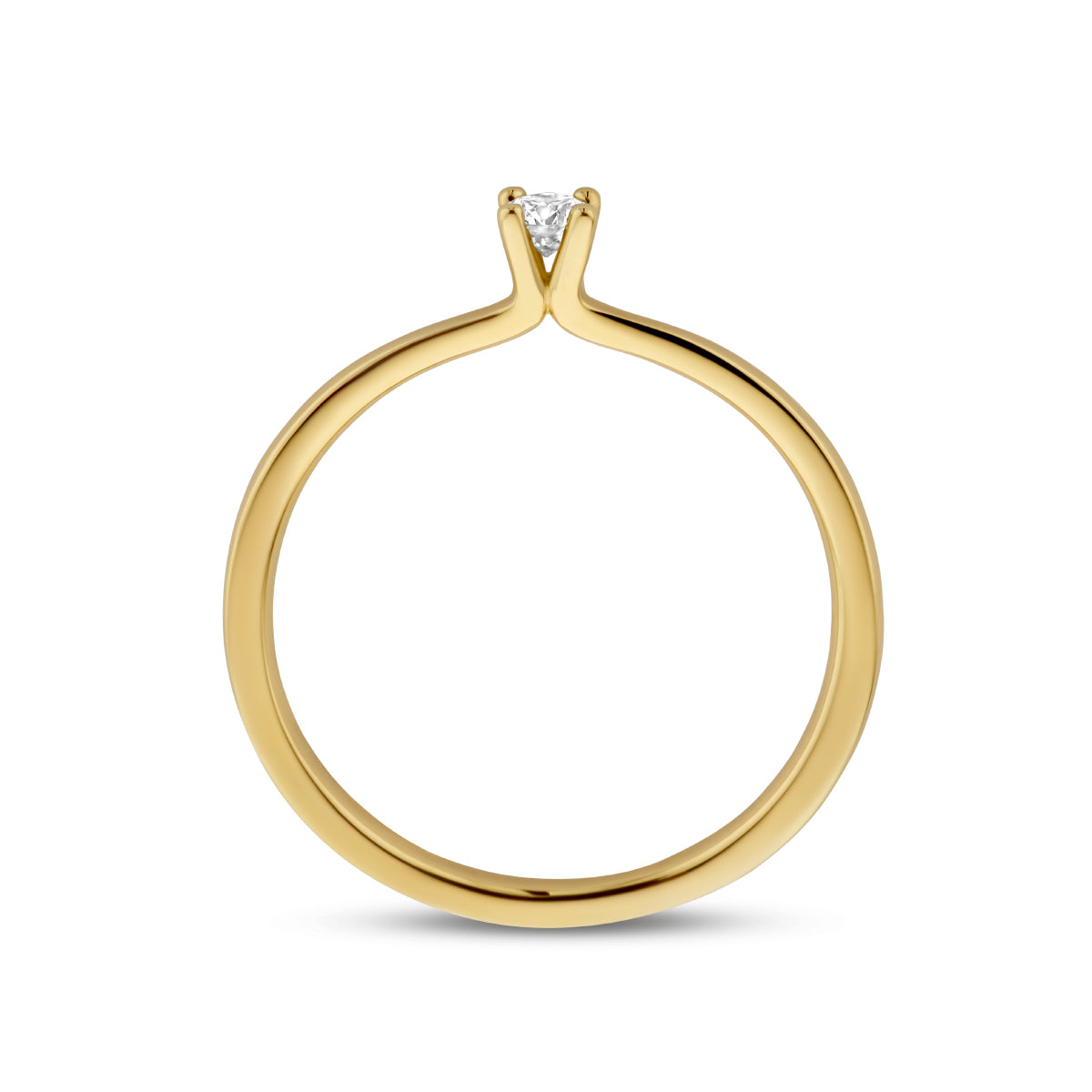 Zijaanzicht van de gouden solitair ring met diamant van 14 karaat, 0,10 ct.