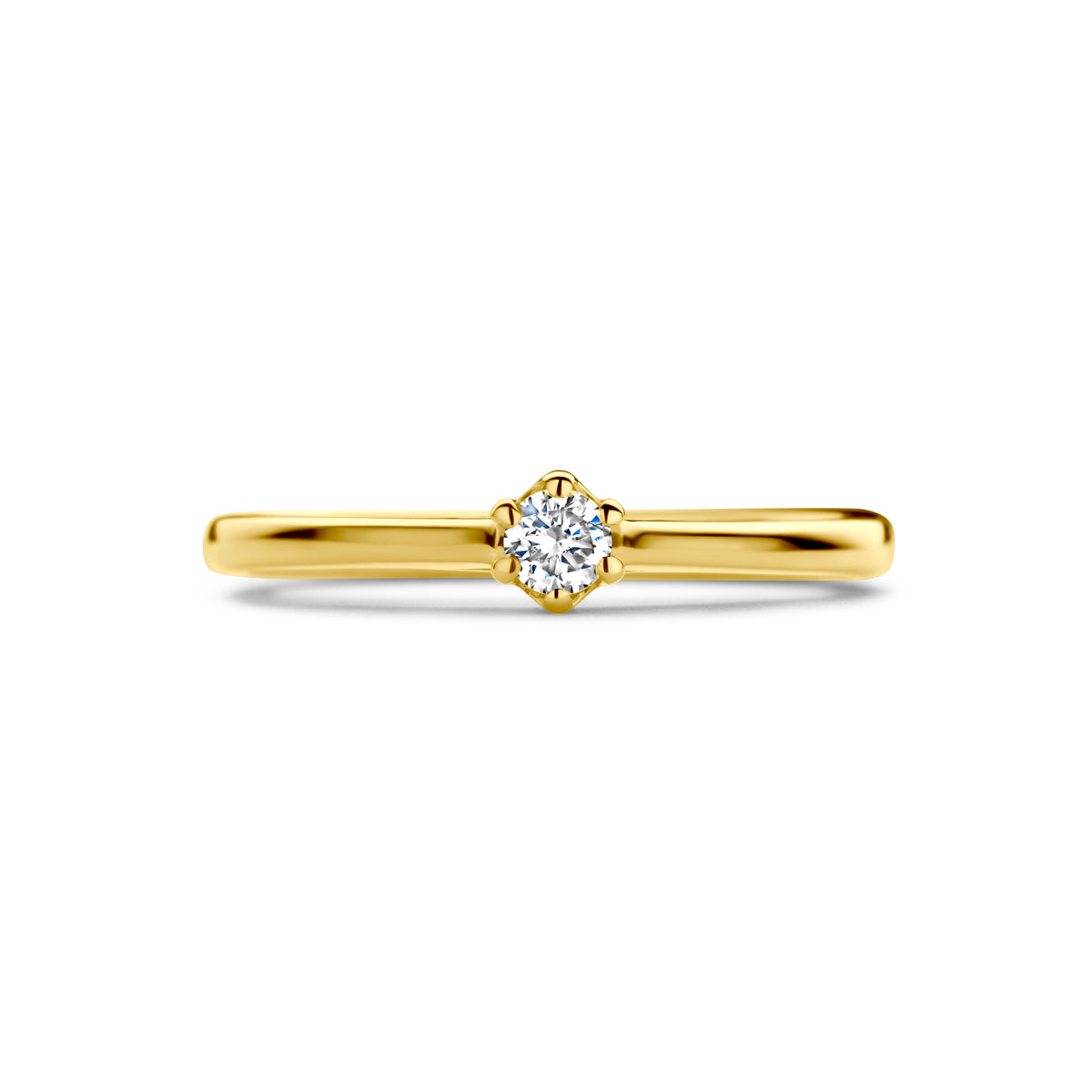 Bovenaanzicht van de gouden solitair ring met diamant van 14 karaat.