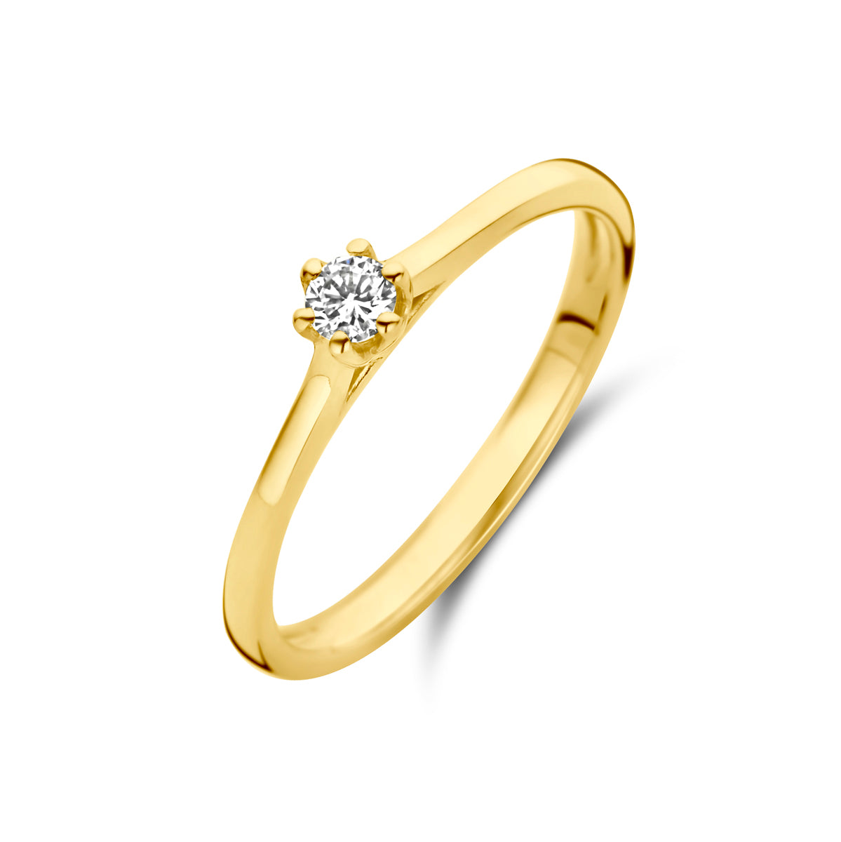 Schuin bovenaanzicht van de gouden solitair ring met diamant van 14 karaat.