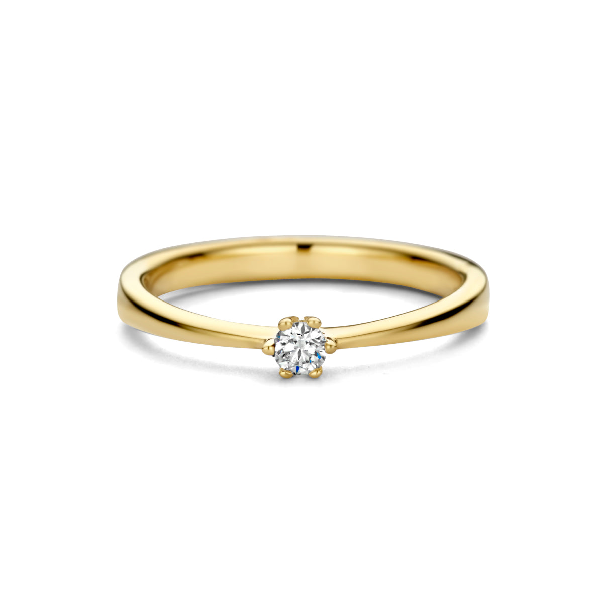 Bovenaanzicht van de gouden solitair ring met diamant van 14 karaat, 0,10 ct.