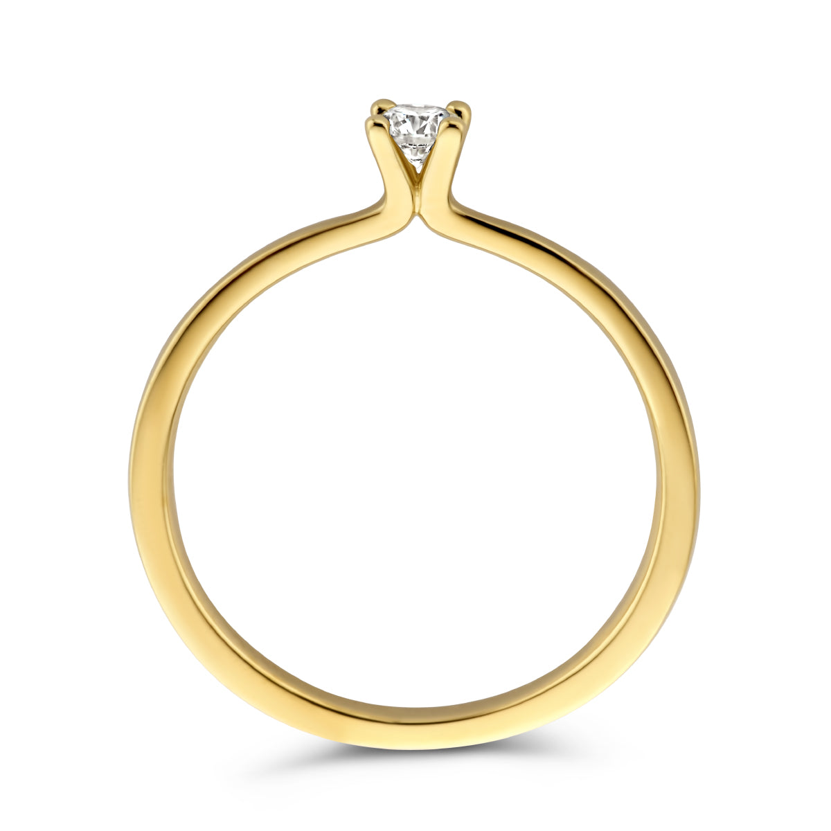 Zijaanzicht van de gouden solitair ring met diamant van 14 karaat, 0,15 ct.