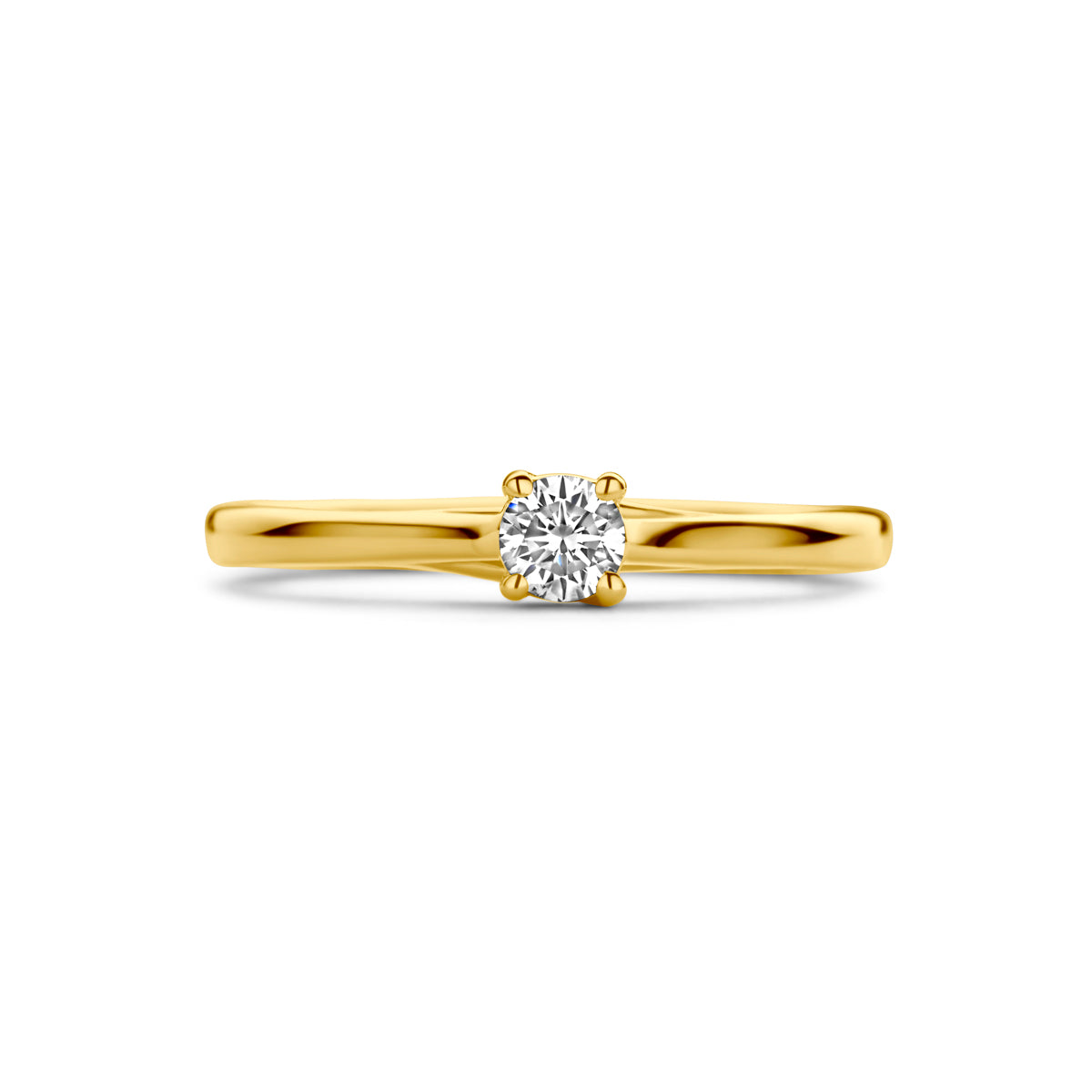 Bovenaanzicht van de gouden solitair ring met diamant van 14 karaat, 0,15 ct.