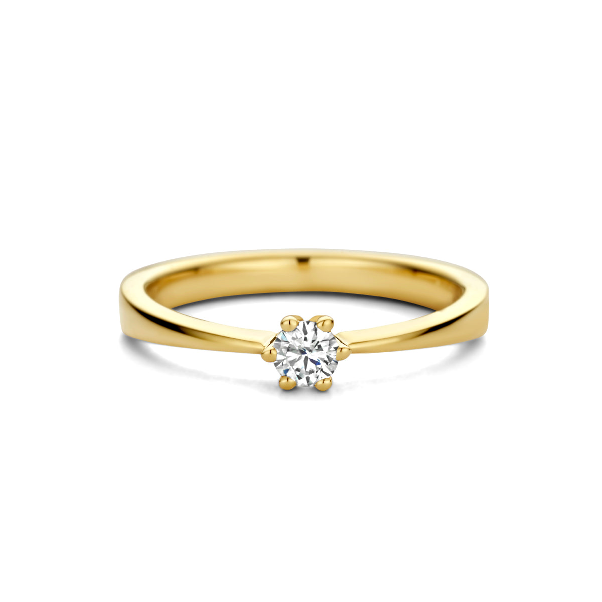 Bovenaanzicht van de gouden solitair ring met diamant van 14 karaat, 0,15 ct.