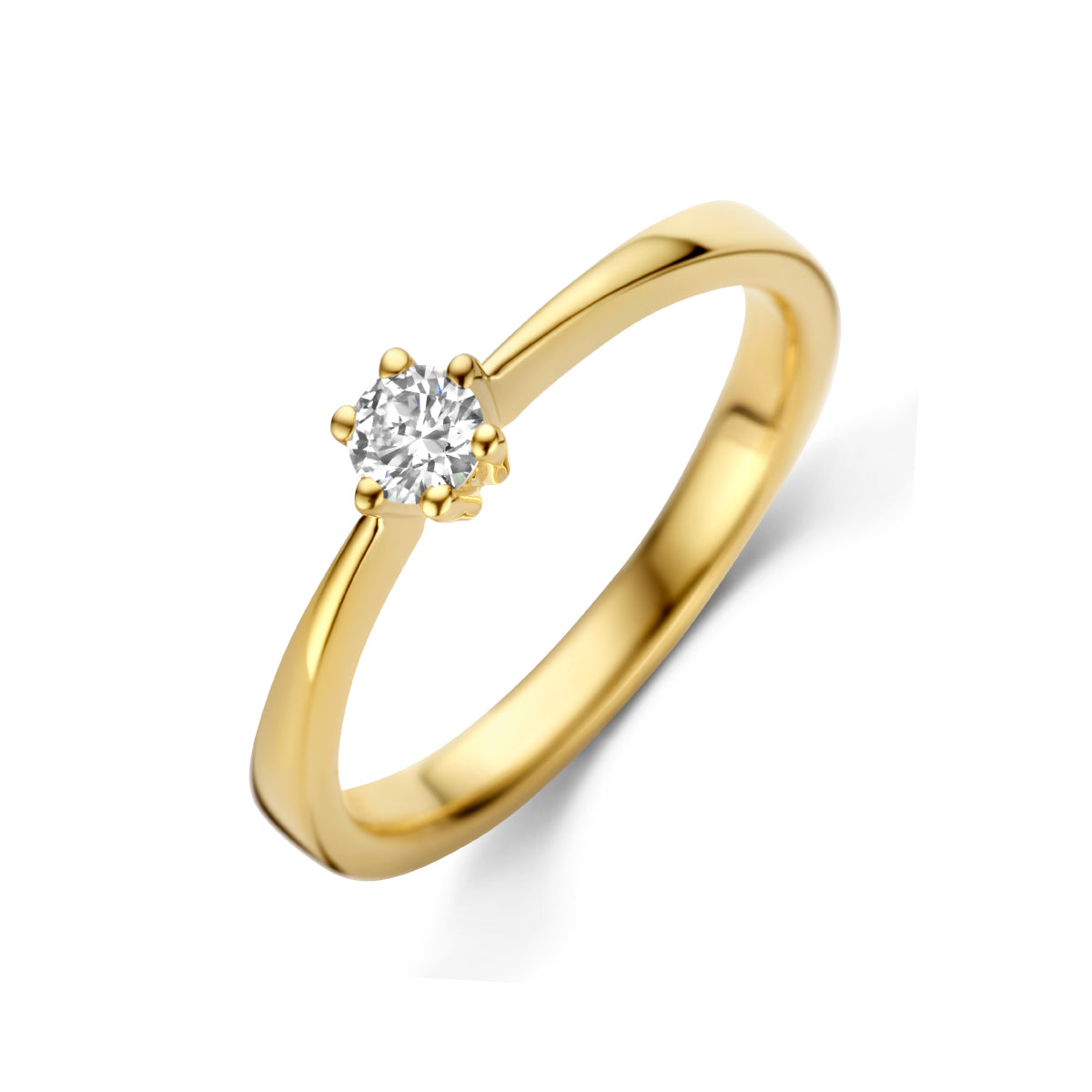 Schuin bovenaanzicht van de gouden solitair ring met diamant van 14 karaat.