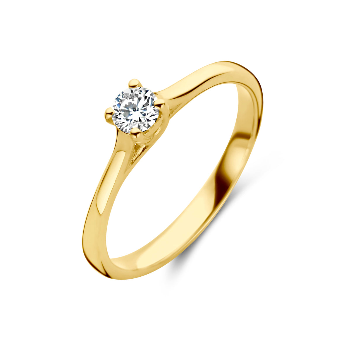 Schuin bovenaanzicht van de gouden solitair ring met diamant van 14 karaat.