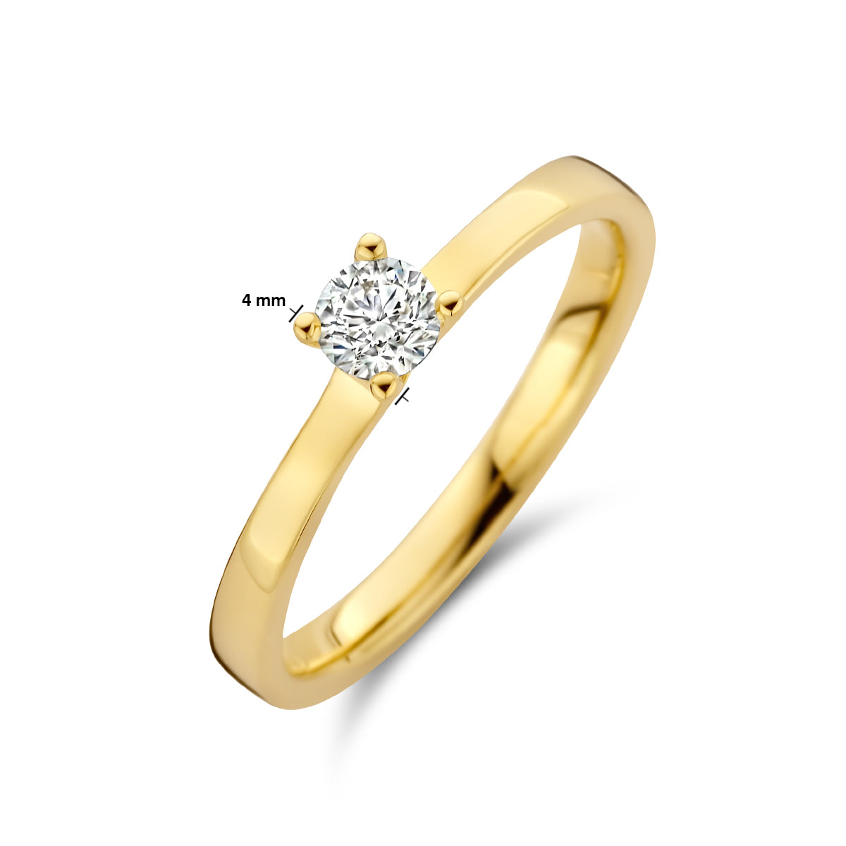 Afmetingen van de gouden solitair ring met diamant van 14 karaat: 4 mm breed, 0,25 ct.