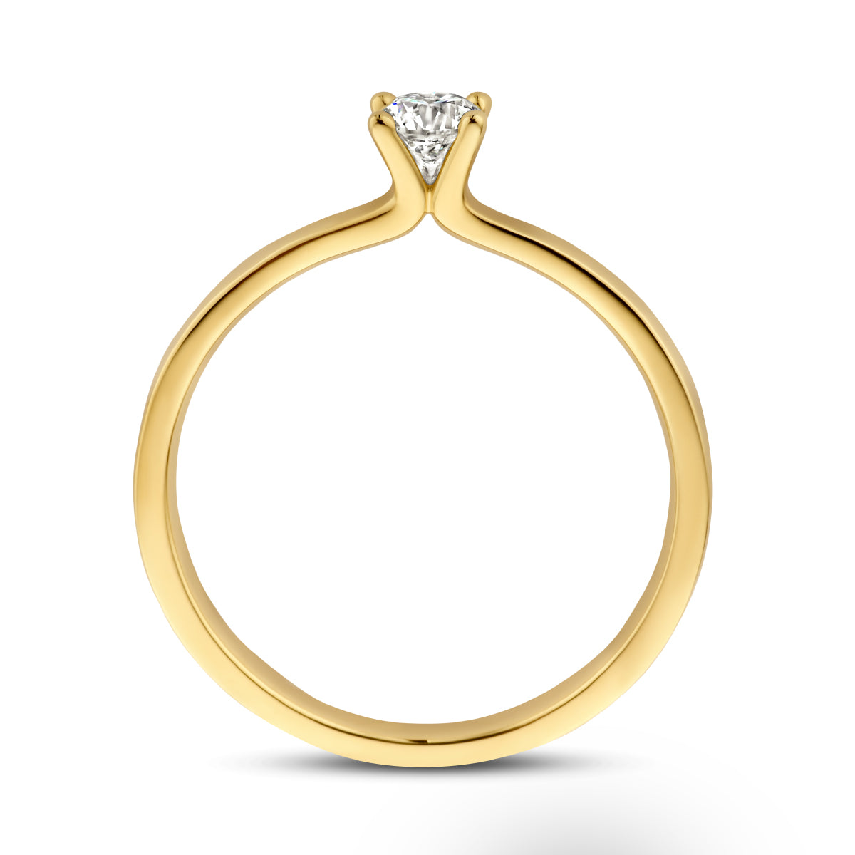 Zijaanzicht van de gouden solitair ring met diamant van 14 karaat, 0,25 ct.