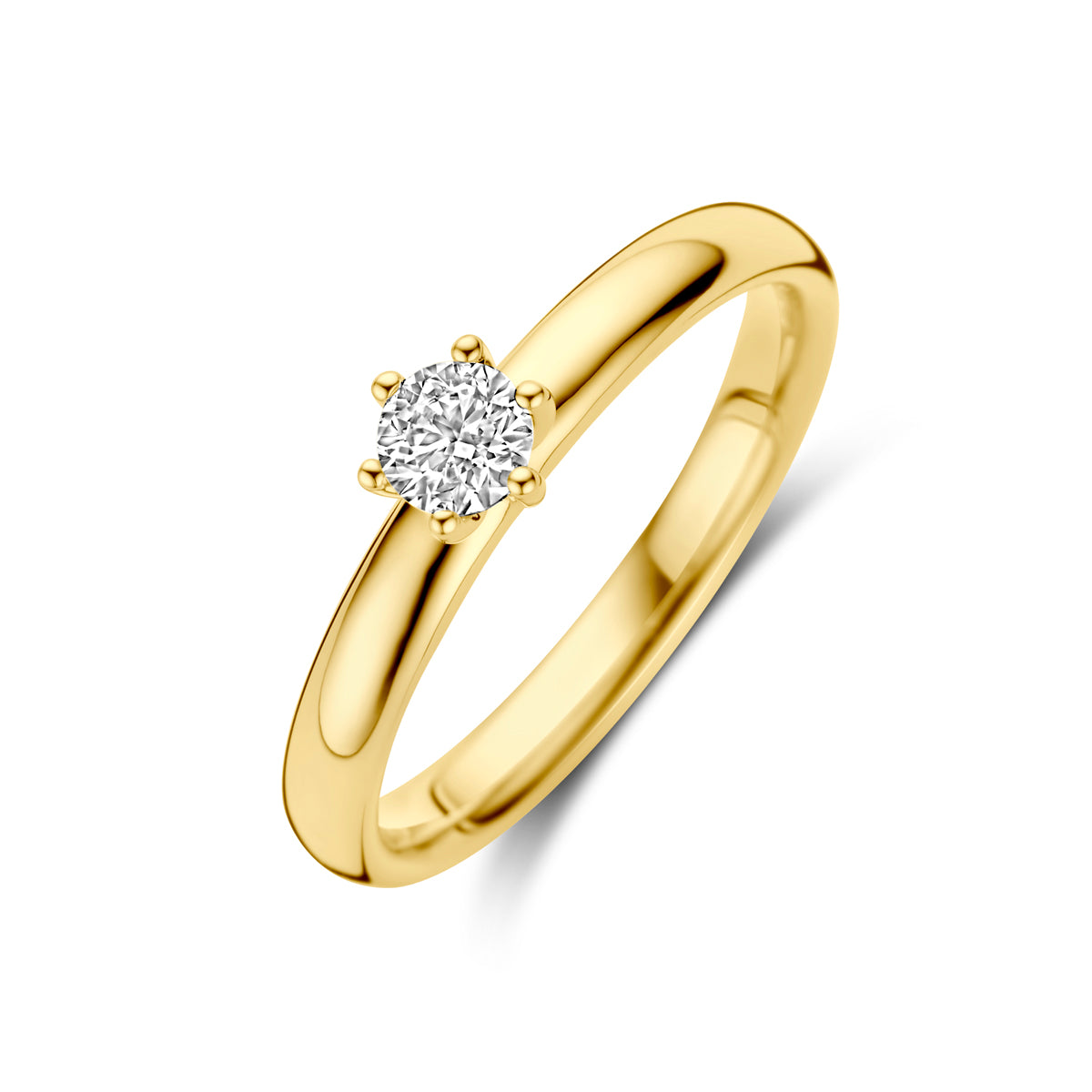 Schuin bovenaanzicht van de gouden solitair ring met diamant van 14 karaat.