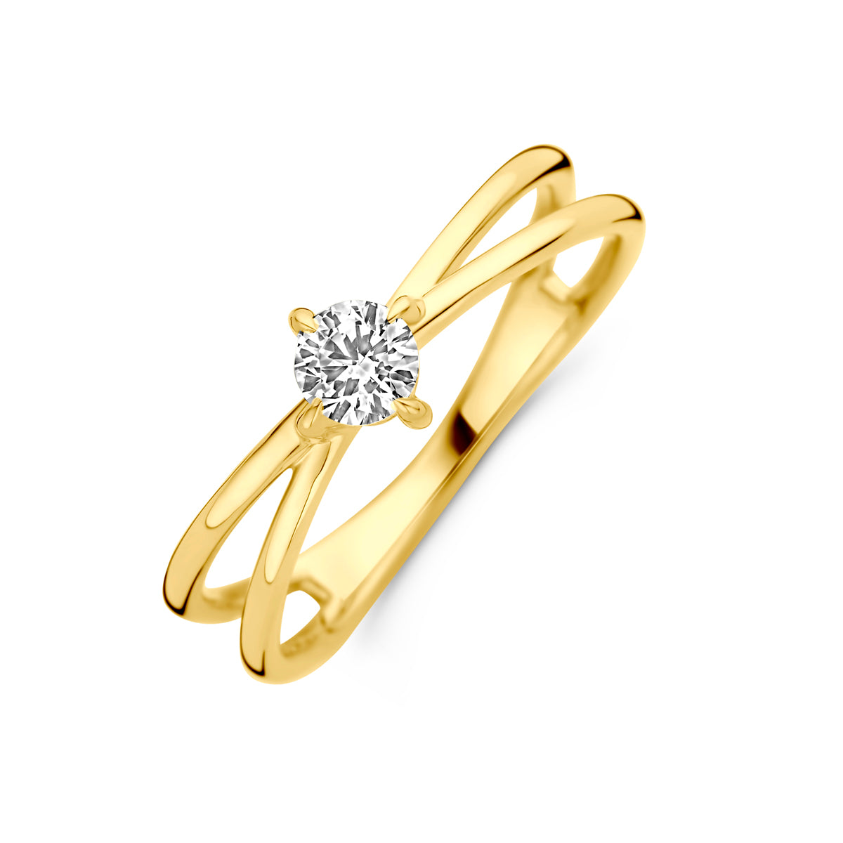 Schuin bovenaanzicht van de gouden solitair ring met lab grown diamant van 14 karaat.