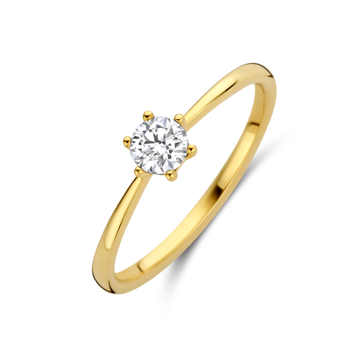 Schuin bovenaanzicht van de gouden solitair ring met lab grown diamant van 14 karaat.