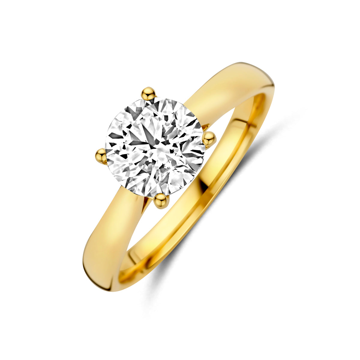 Schuin bovenaanzicht van de gouden ring met lab grown diamant van 14 karaat.