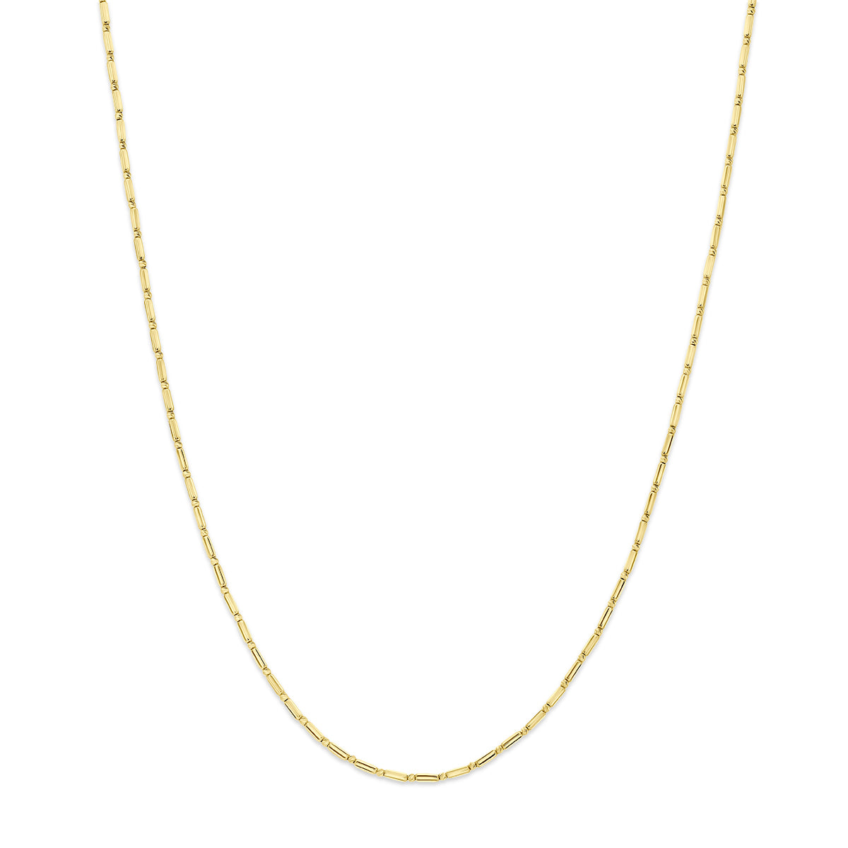 Vooraanzicht van de gouden staafjes ketting van 14 karaat.
