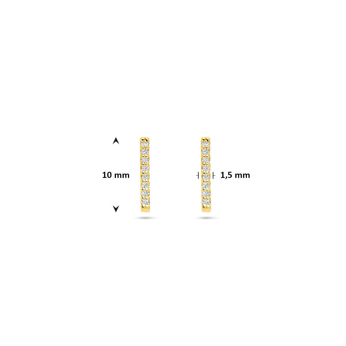 Afmetingen van de gouden staafjes oorknopjes met lab grown diamant van 14 karaat: 10 mm hoog en 1,5 mm breed, 0,08 ct.