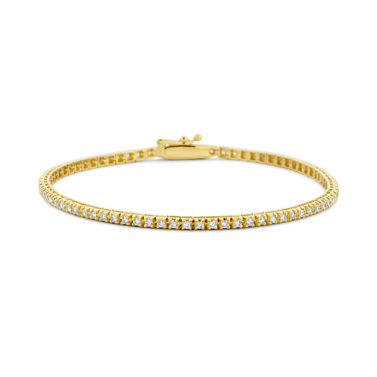 Vooraanzicht van de gouden tennisarmband met diamant van 14 karaat.
