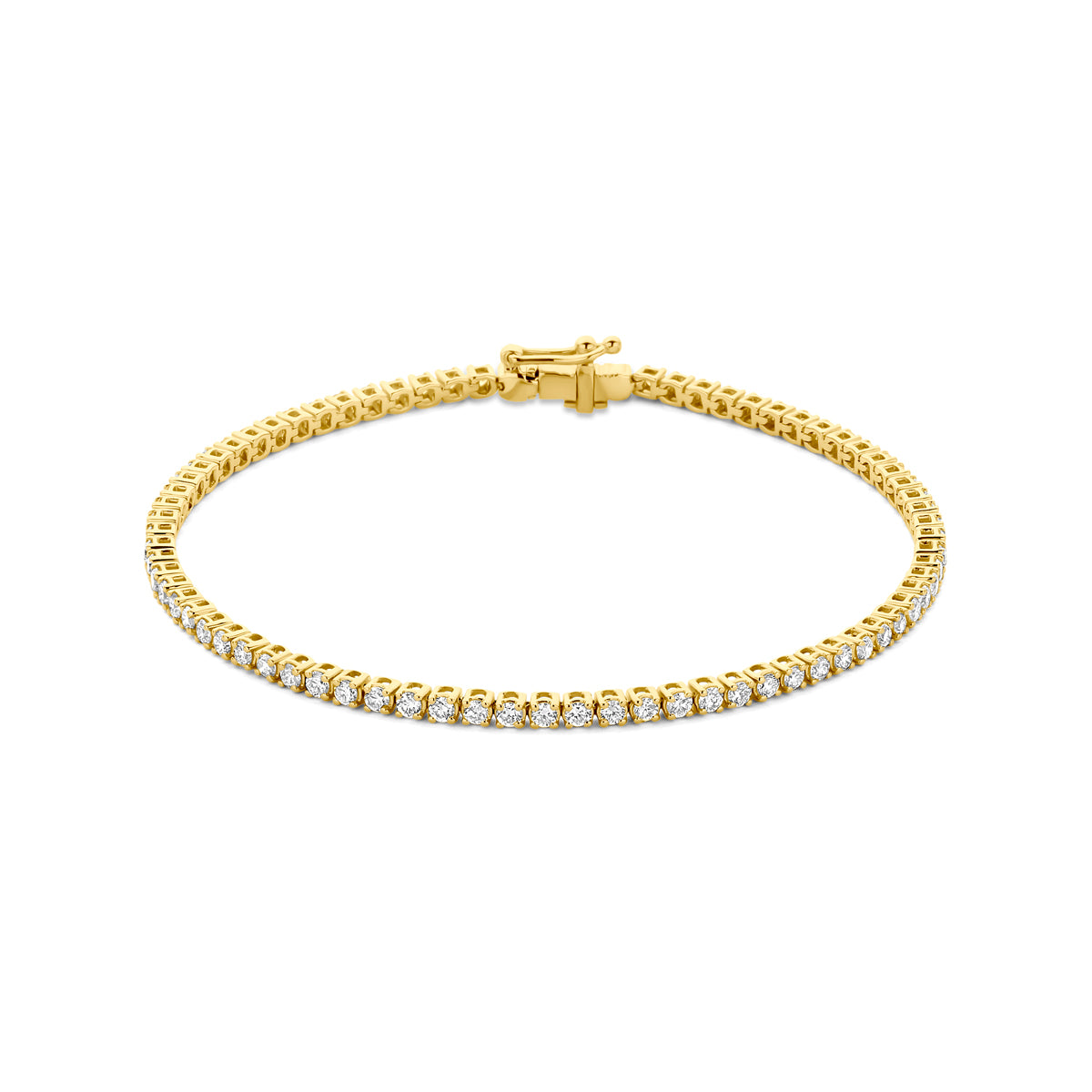 Vooraanzicht van de gouden tennisarmband met lab grown diamant van 14 karaat.