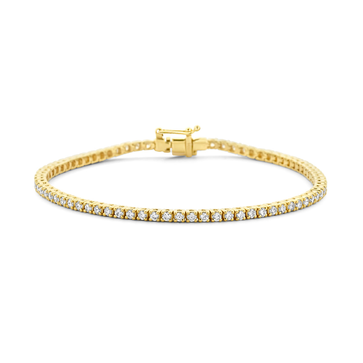 Vooraanzicht van de gouden tennisarmband met lab grown diamant van 14 karaat.