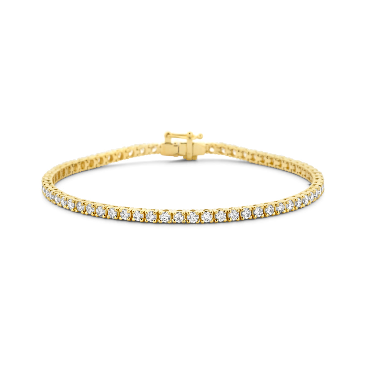 Vooraanzicht van de gouden tennisarmband met lab grown diamant van 14 karaat.