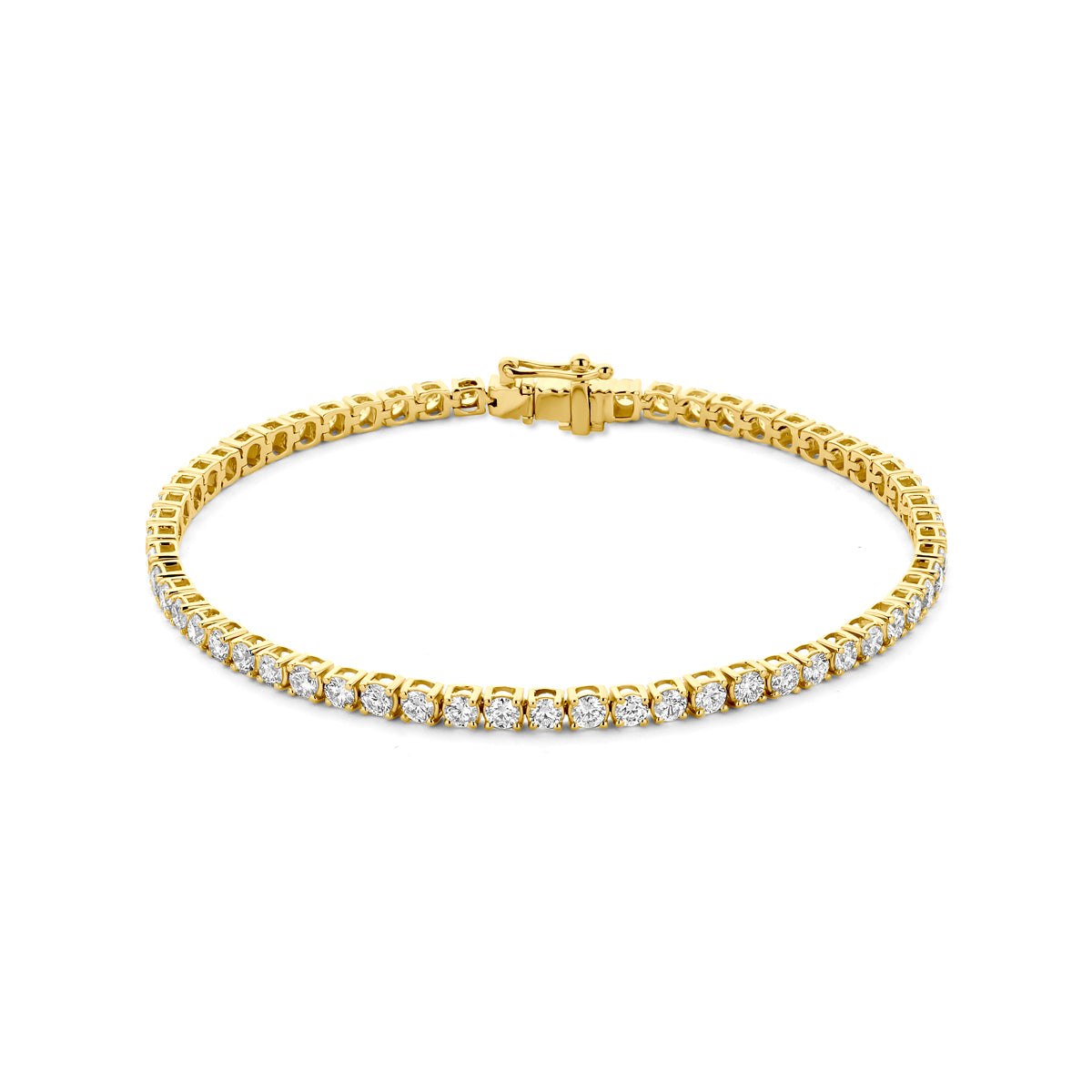 Vooraanzicht van de gouden tennisarmband met lab grown diamant van 14 karaat.